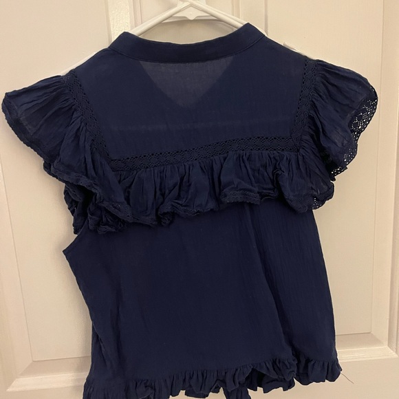 Day + Moon Navy Ruffle Button-Front Blouse - Picture 2 of 3